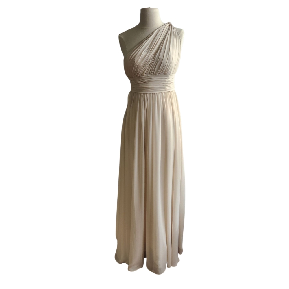 Wtoo Cream Asymmetrical Ruched One Shoulder Gown